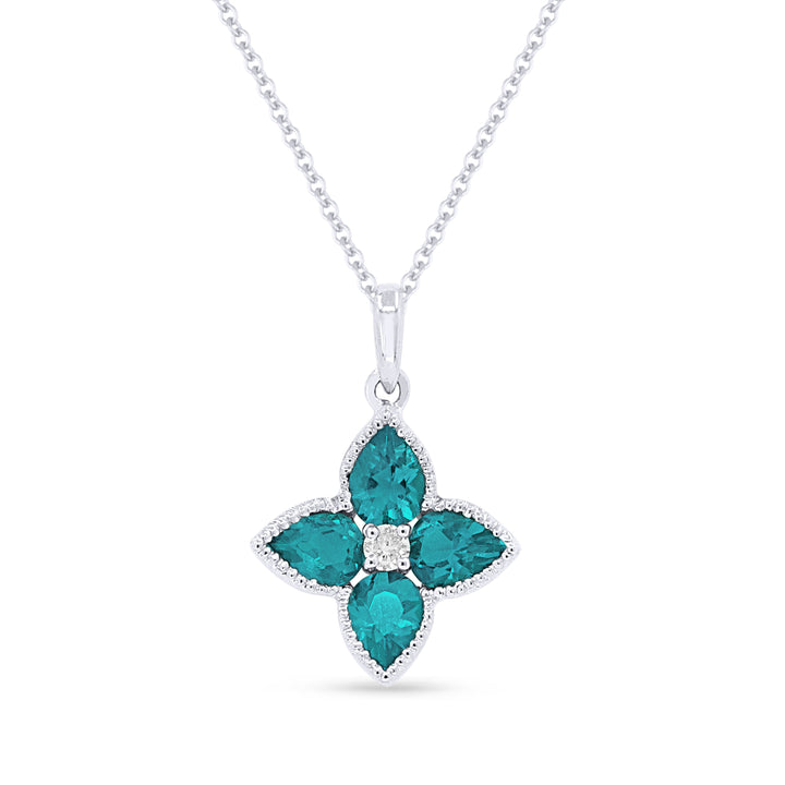 Beautiful Hand Crafted 14K White Gold 3X4MM Created Tourmaline Paraiba And Diamond Essentials Collection Pendant