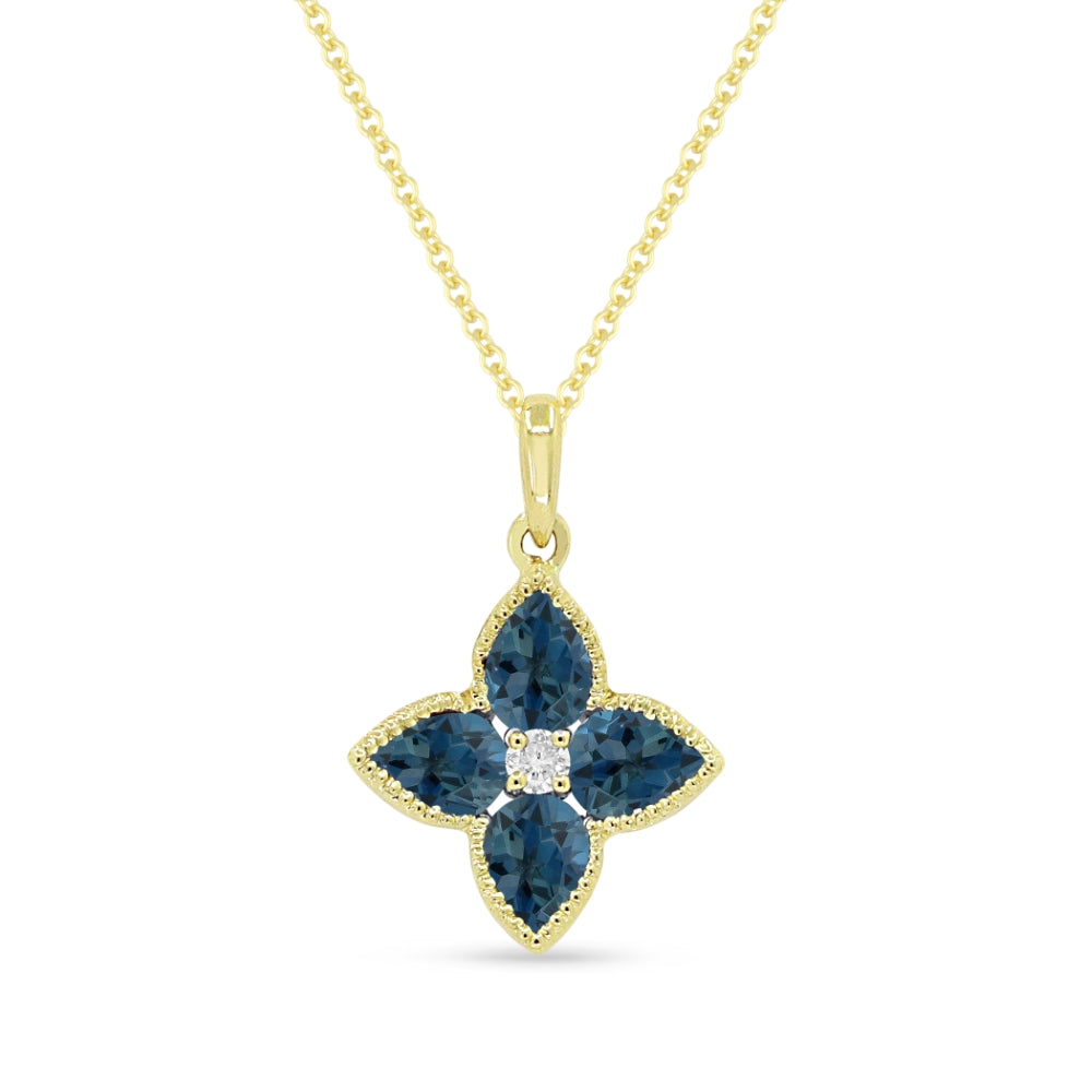 Beautiful Hand Crafted 14K Yellow Gold 3X4MM London Blue Topaz And Diamond Essentials Collection Pendant