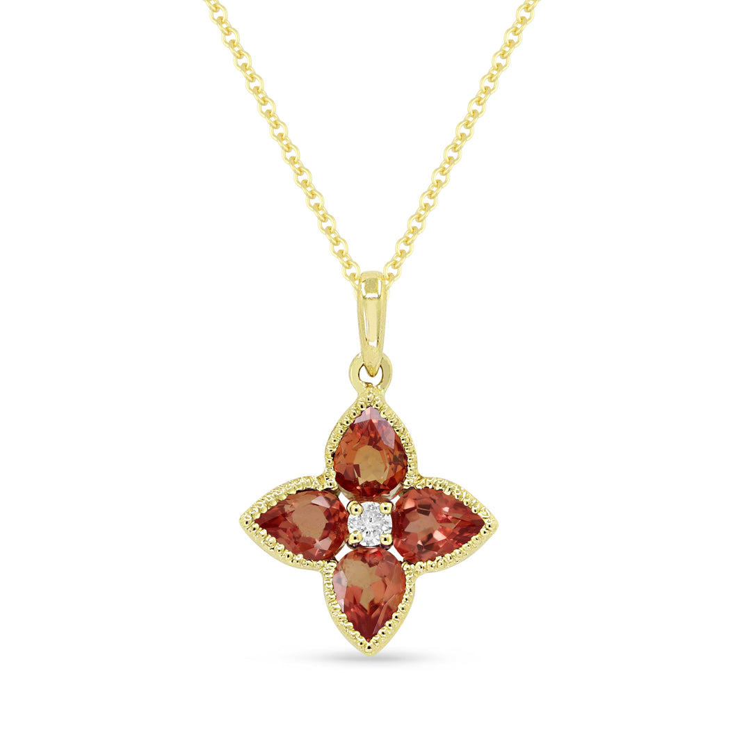 Beautiful Hand Crafted 14K Yellow Gold 3X4MM Created Padparadscha And Diamond Essentials Collection Pendant