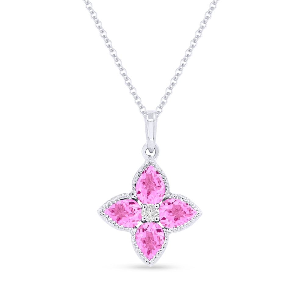 Beautiful Hand Crafted 14K White Gold 3X4MM Created Pink Sapphire And Diamond Essentials Collection Pendant