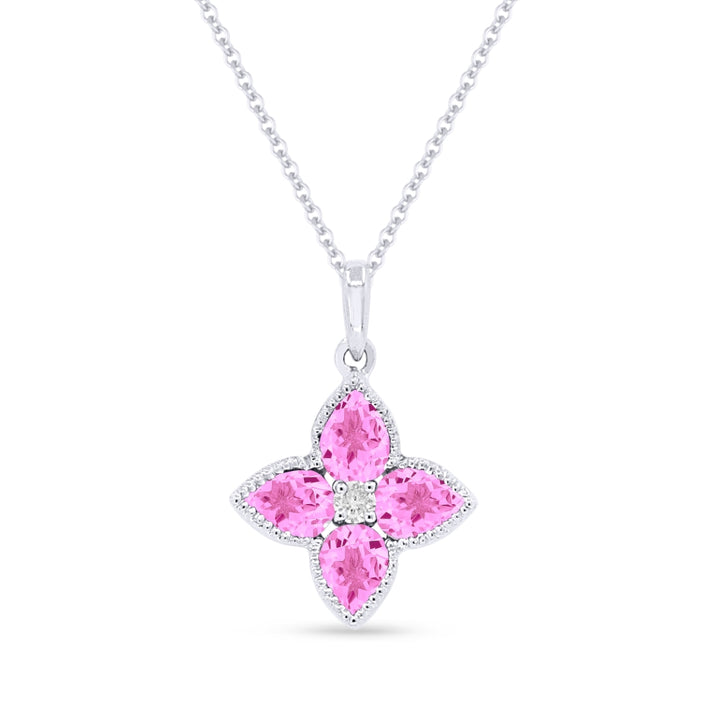 Beautiful Hand Crafted 14K White Gold 3X4MM Created Pink Sapphire And Diamond Essentials Collection Pendant