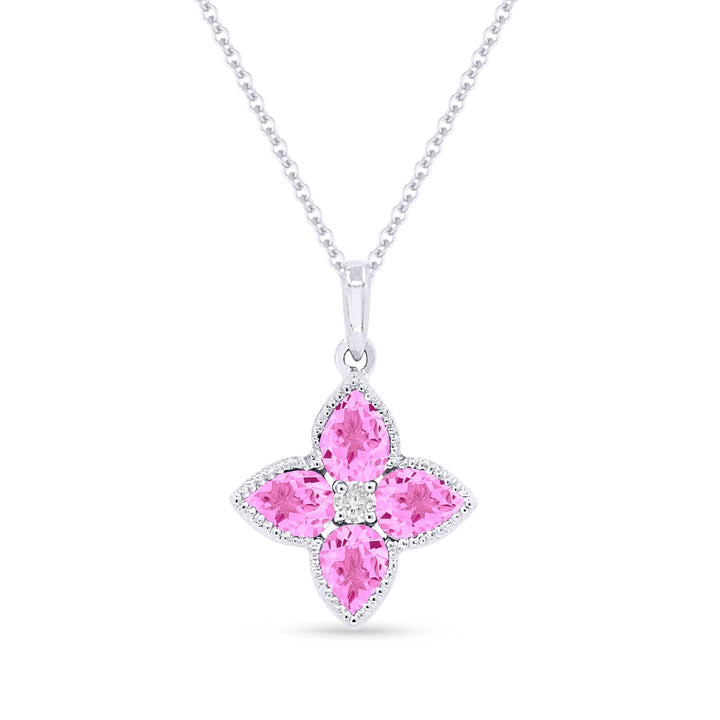 Beautiful Hand Crafted 14K White Gold 3X4MM Created Pink Sapphire And Diamond Essentials Collection Pendant