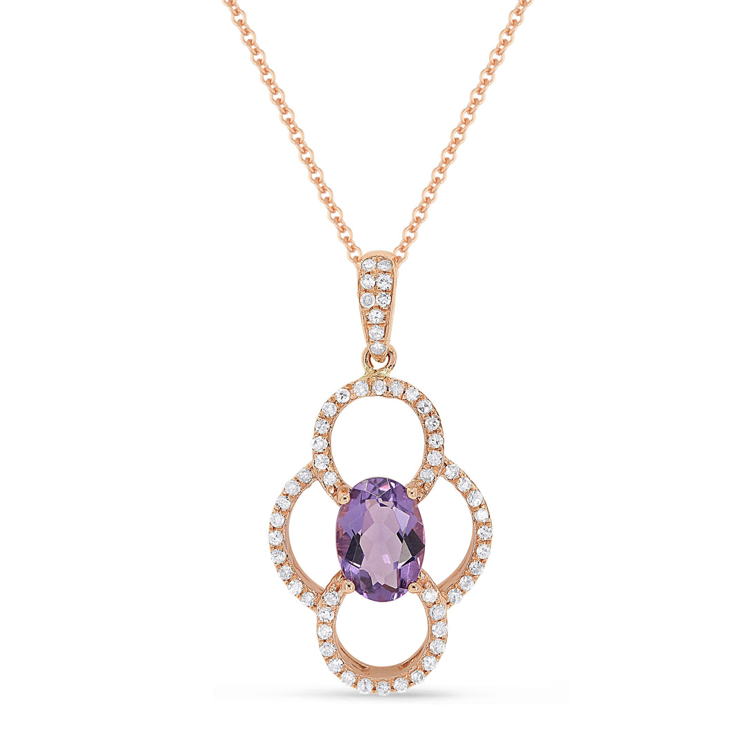 Beautiful Hand Crafted 14K Rose Gold 5x7MM Amethyst And Diamond Essentials Collection Pendant