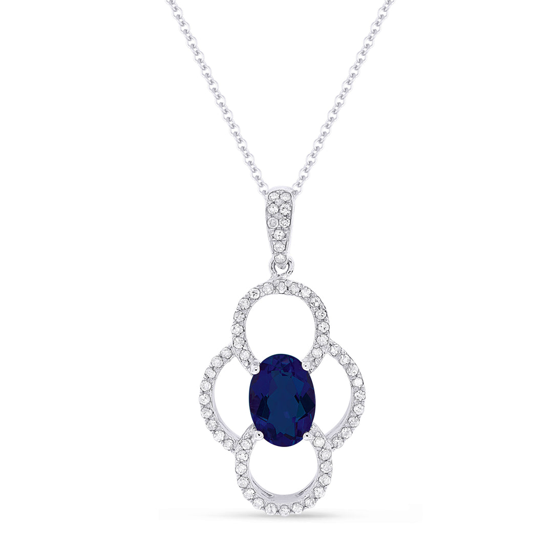 Beautiful Hand Crafted 14K White Gold 5x7MM Created Sapphire And Diamond Essentials Collection Pendant