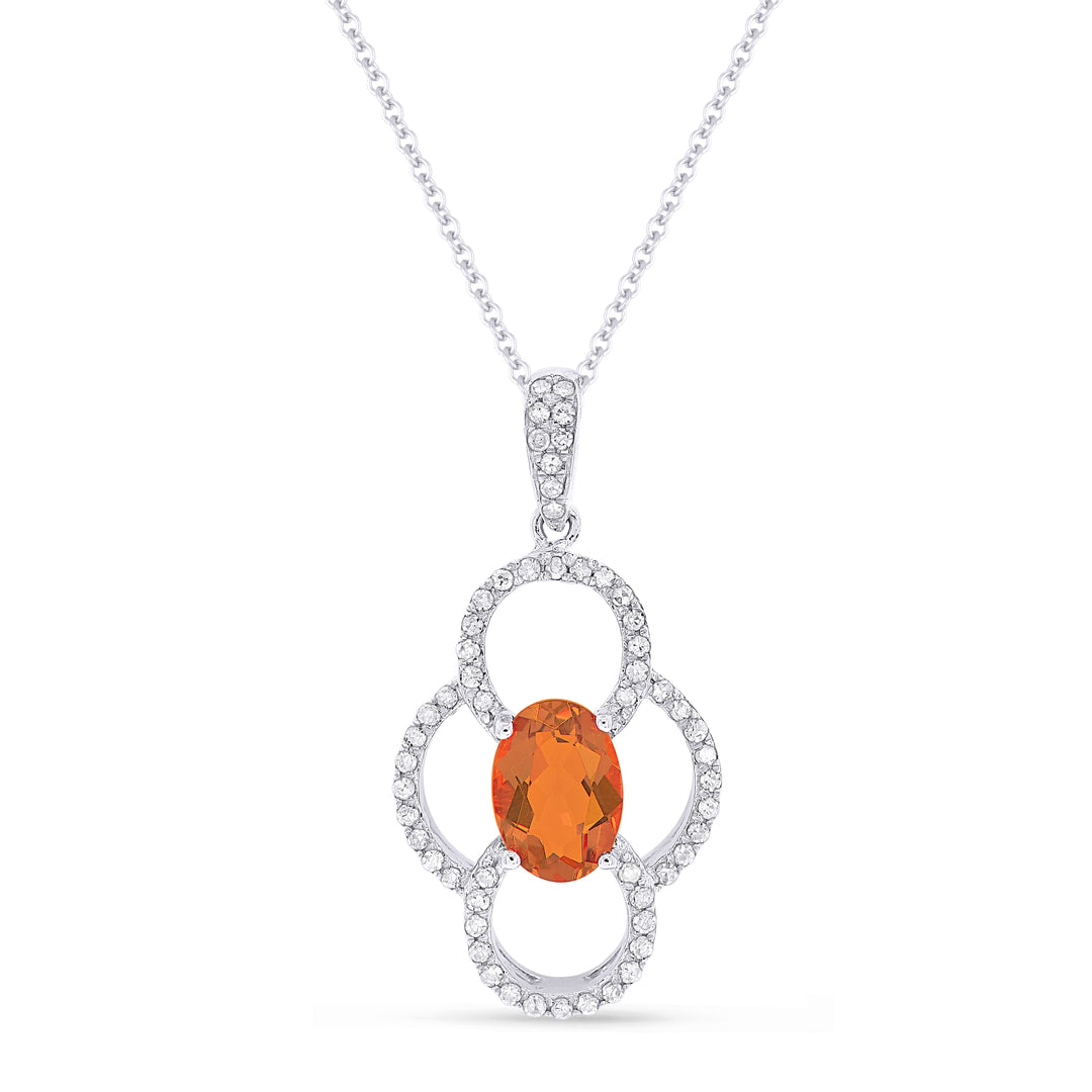 Beautiful Hand Crafted 14K White Gold 5X7MM Created Padparadscha And Diamond Essentials Collection Pendant