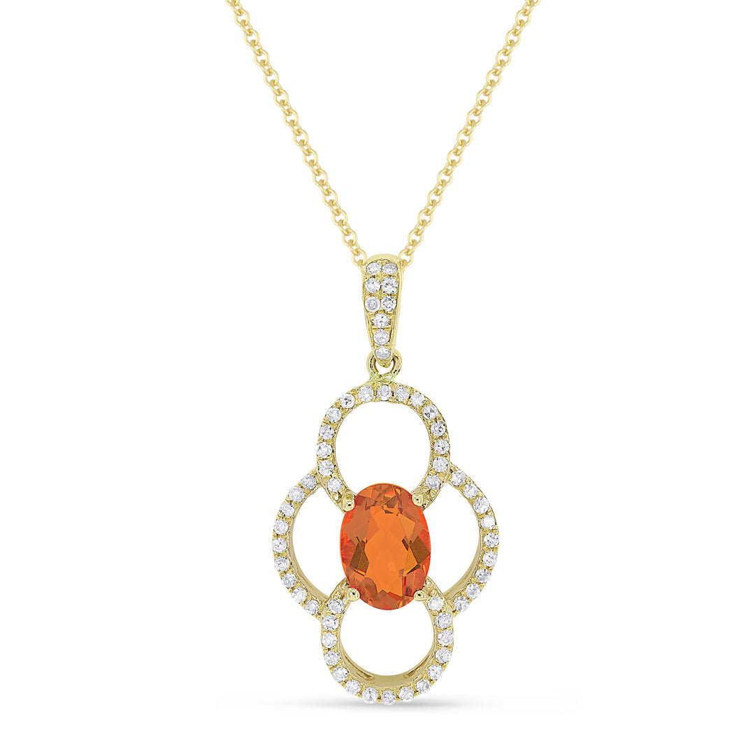 Beautiful Hand Crafted 14K Yellow Gold 5X7MM Created Padparadscha And Diamond Essentials Collection Pendant