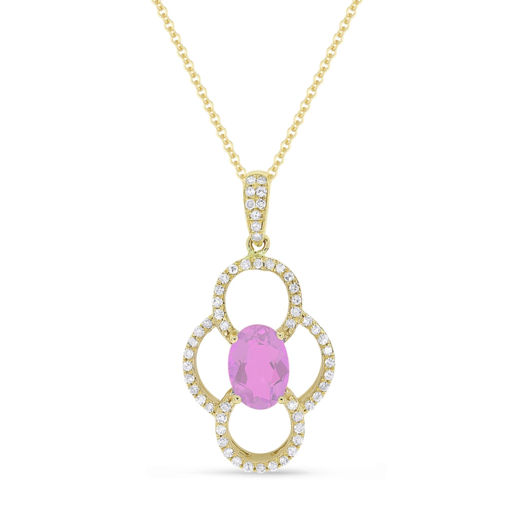 Beautiful Hand Crafted 14K Yellow Gold 5X7MM Created Pink Sapphire And Diamond Essentials Collection Pendant