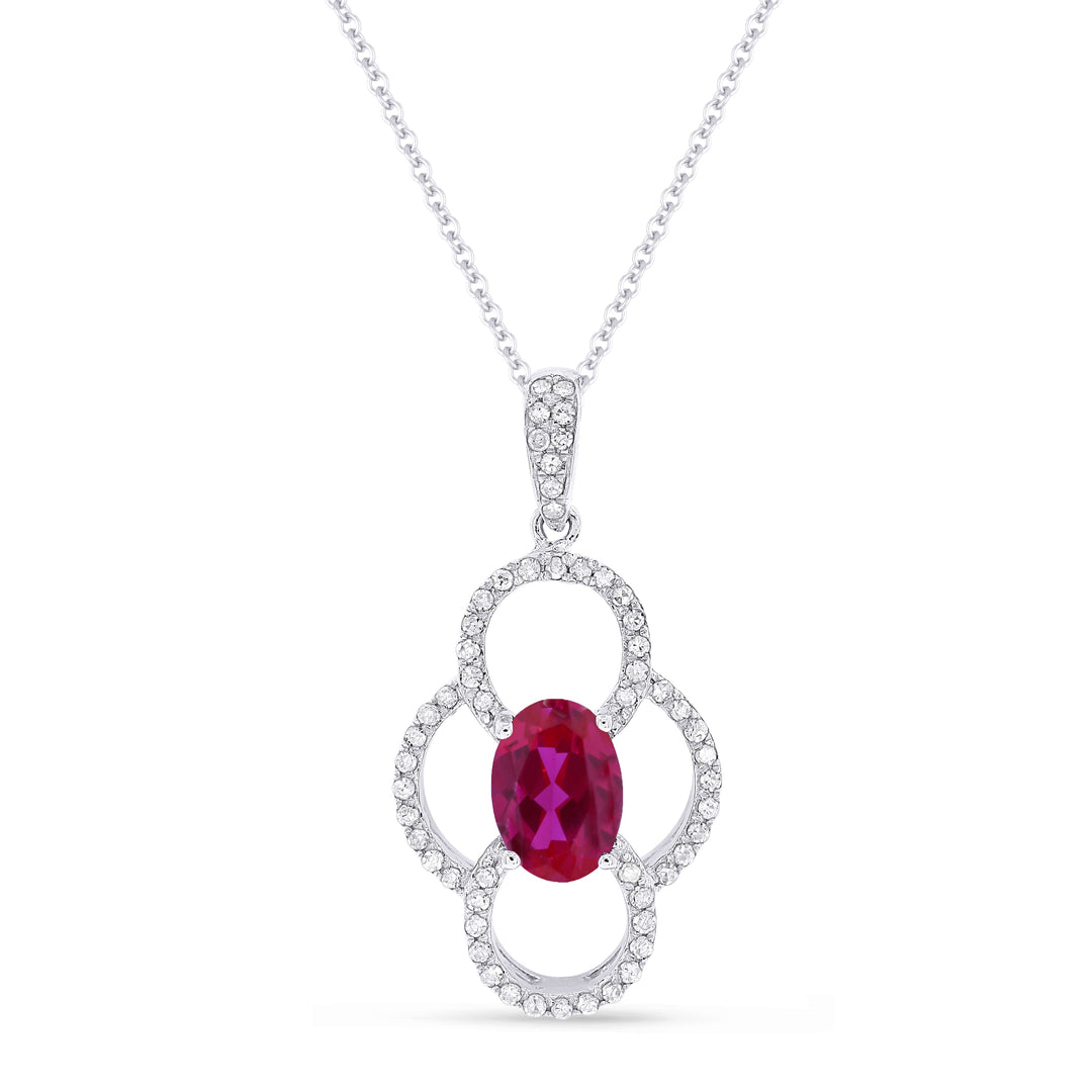 Beautiful Hand Crafted 14K White Gold 5X7MM Created Ruby And Diamond Essentials Collection Pendant