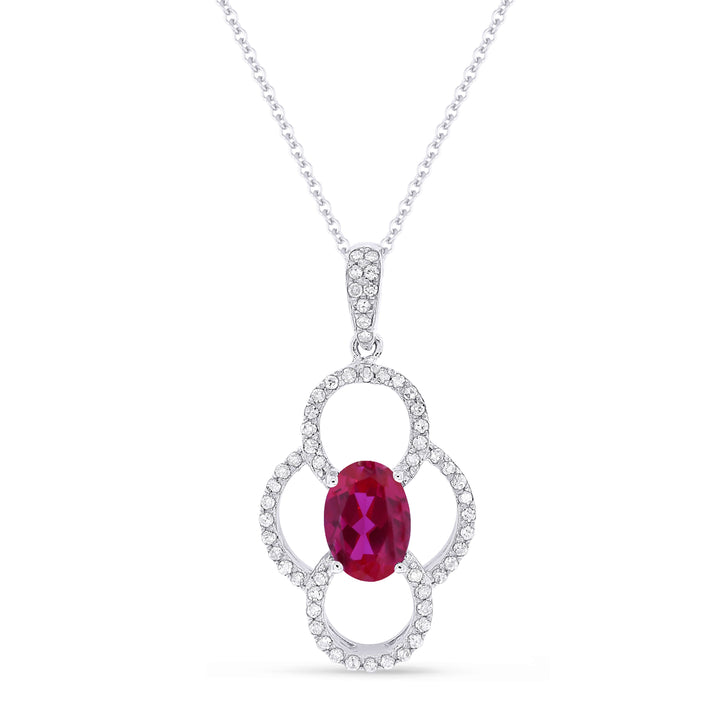 Beautiful Hand Crafted 14K White Gold 5x7MM Created Ruby And Diamond Essentials Collection Pendant
