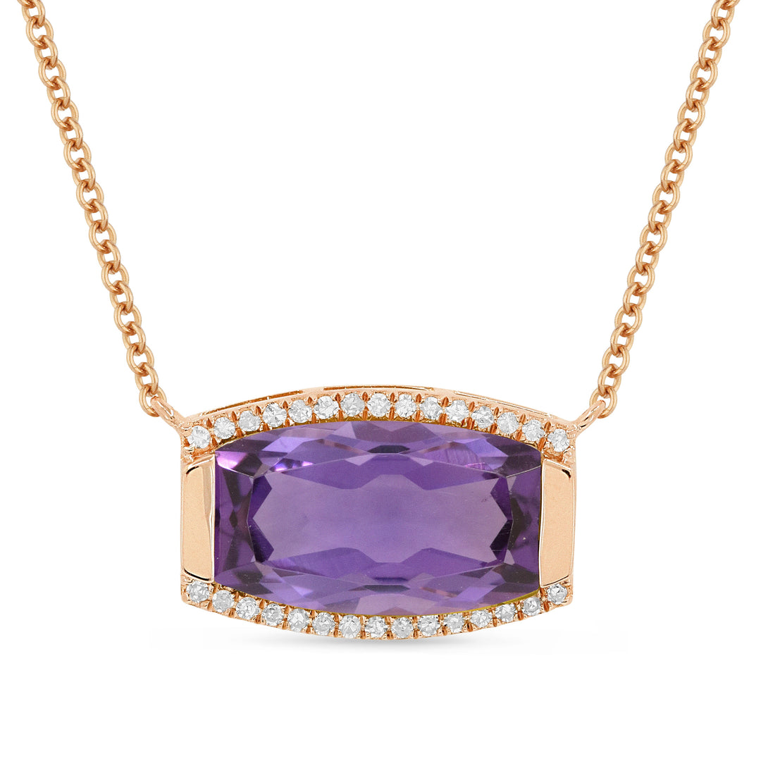 Beautiful Hand Crafted 14K Rose Gold 7X12MM Amethyst And Diamond Essentials Collection Necklace
