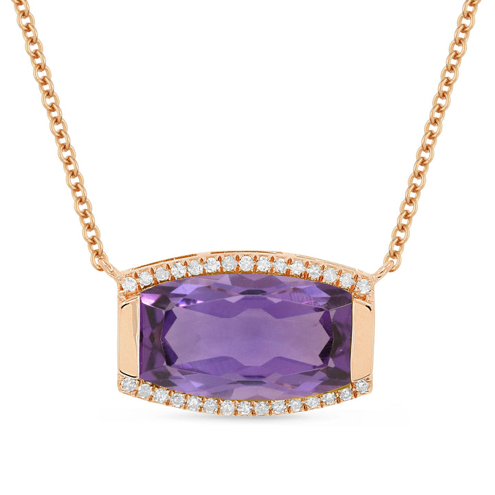 Beautiful Hand Crafted 14K Rose Gold 7X12MM Amethyst And Diamond Essentials Collection Necklace