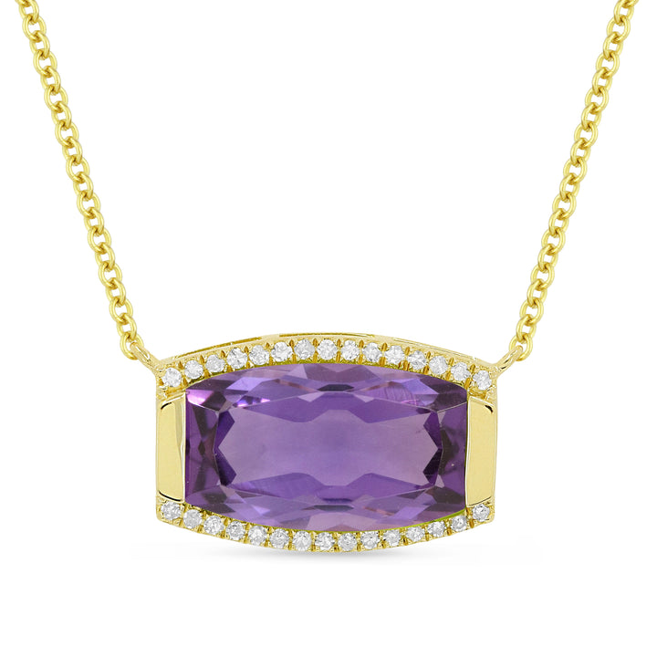 Beautiful Hand Crafted 14K Yellow Gold 7X12MM Amethyst And Diamond Essentials Collection Necklace