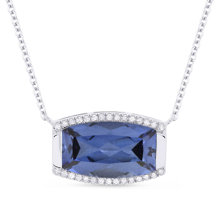 Beautiful Hand Crafted 14K White Gold 7X12MM Created Sapphire And Diamond Essentials Collection Necklace