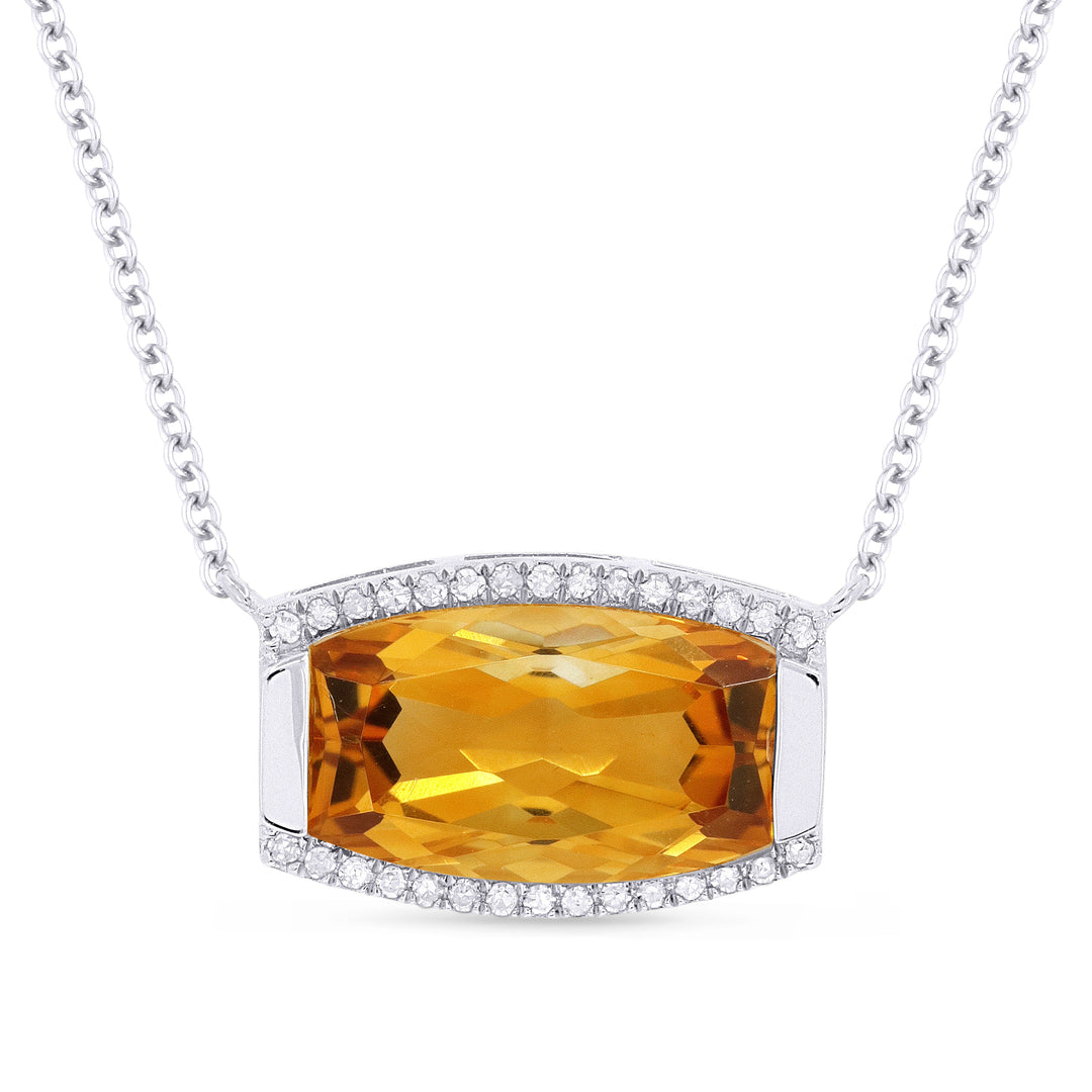 Beautiful Hand Crafted 14K White Gold 7X12MM Citrine And Diamond Essentials Collection Necklace