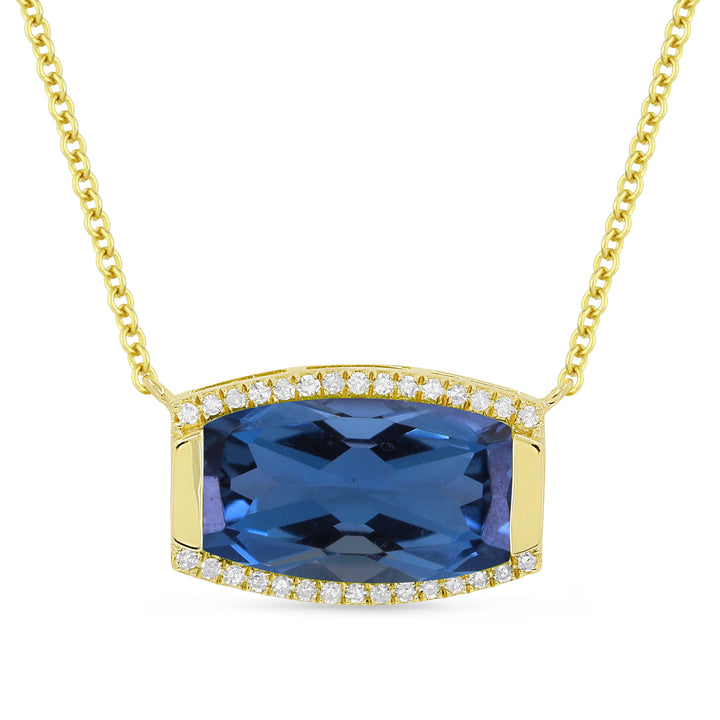 Beautiful Hand Crafted 14K Yellow Gold 7X12MM London Blue Topaz And Diamond Essentials Collection Necklace