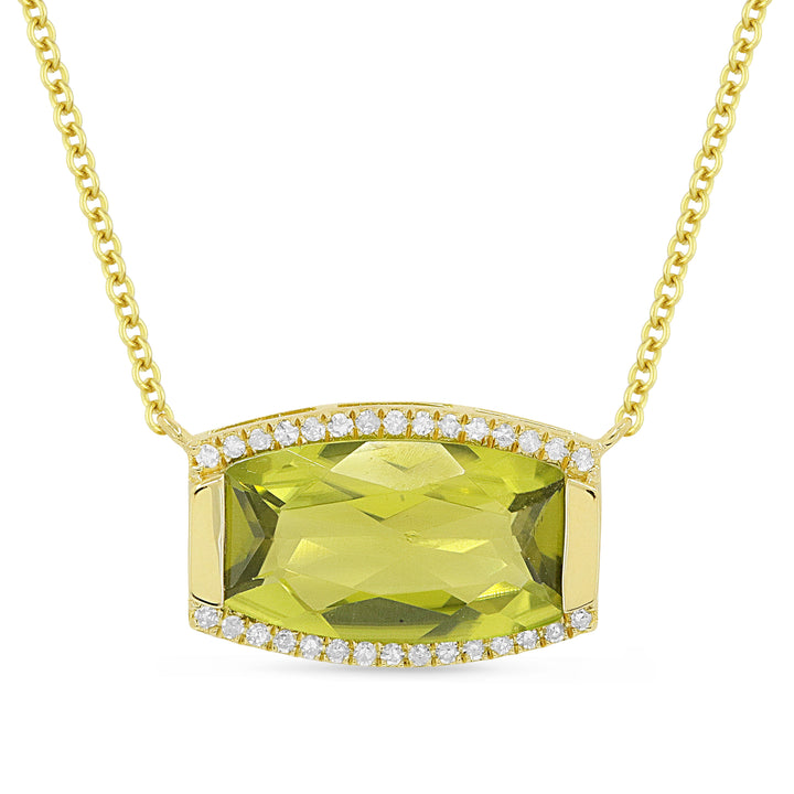 Beautiful Hand Crafted 14K Yellow Gold 7X12MM Peridot And Diamond Essentials Collection Necklace