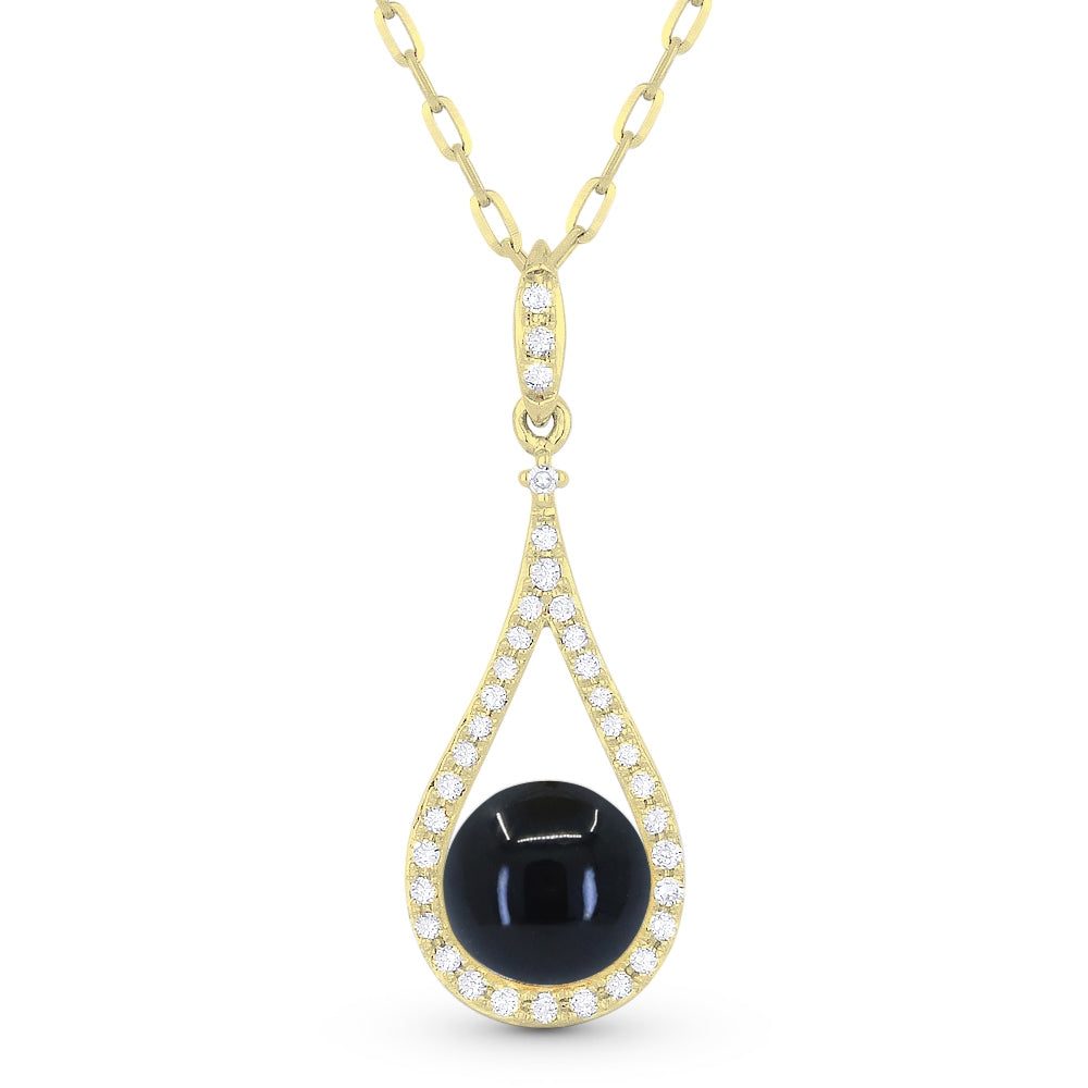 Beautiful Hand Crafted 14K Yellow Gold 6MM Black Onyx And Diamond Essentials Collection Pendant