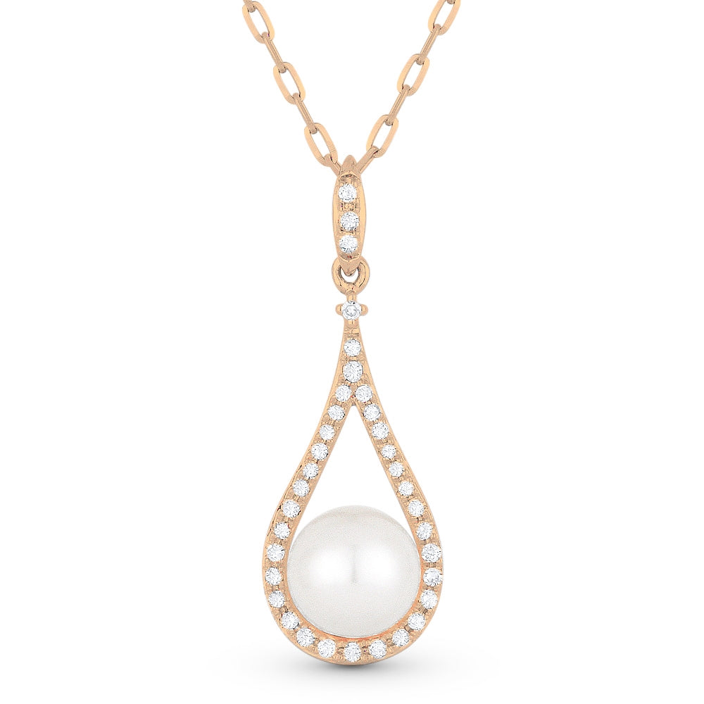 Beautiful Hand Crafted 14K Rose Gold 6MM Pearl And Diamond Essentials Collection Pendant