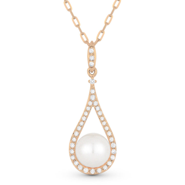 Beautiful Hand Crafted 14K Rose Gold 6MM Pearl And Diamond Essentials Collection Pendant