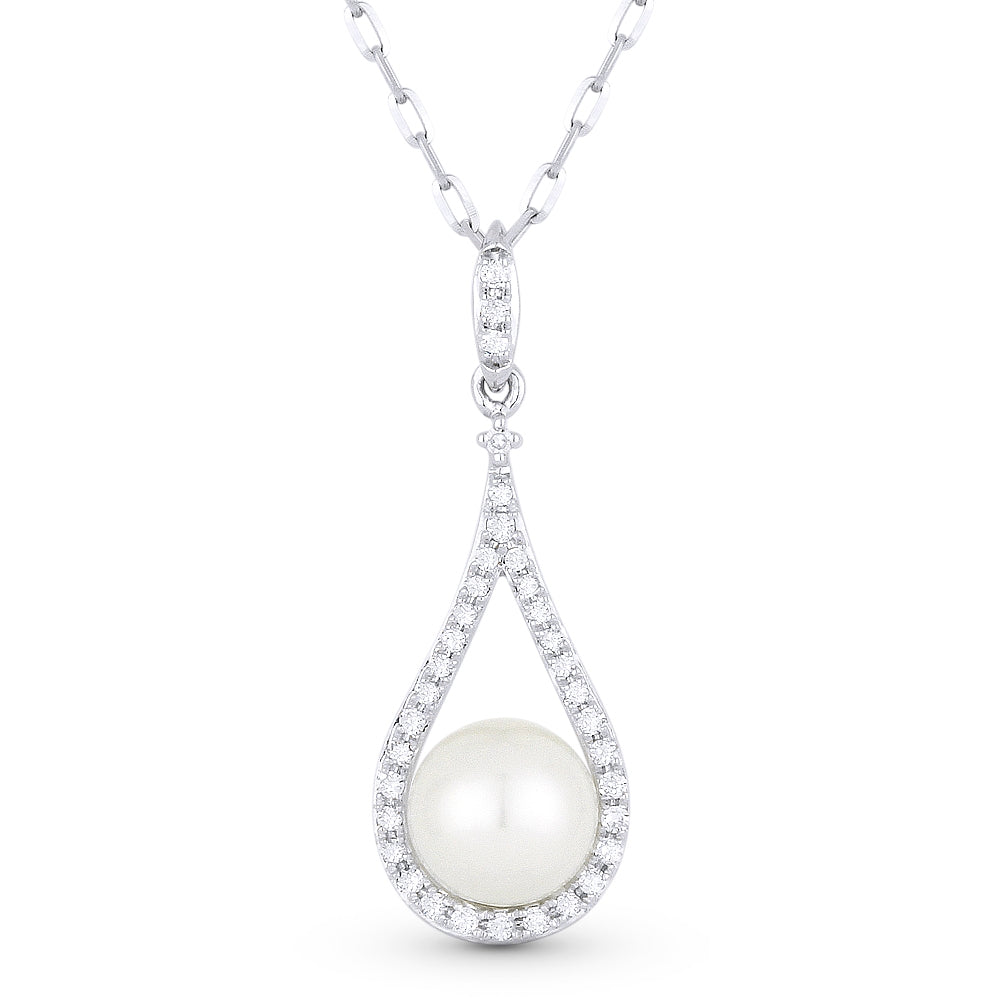 Beautiful Hand Crafted 14K White Gold 6MM Pearl And Diamond Essentials Collection Pendant