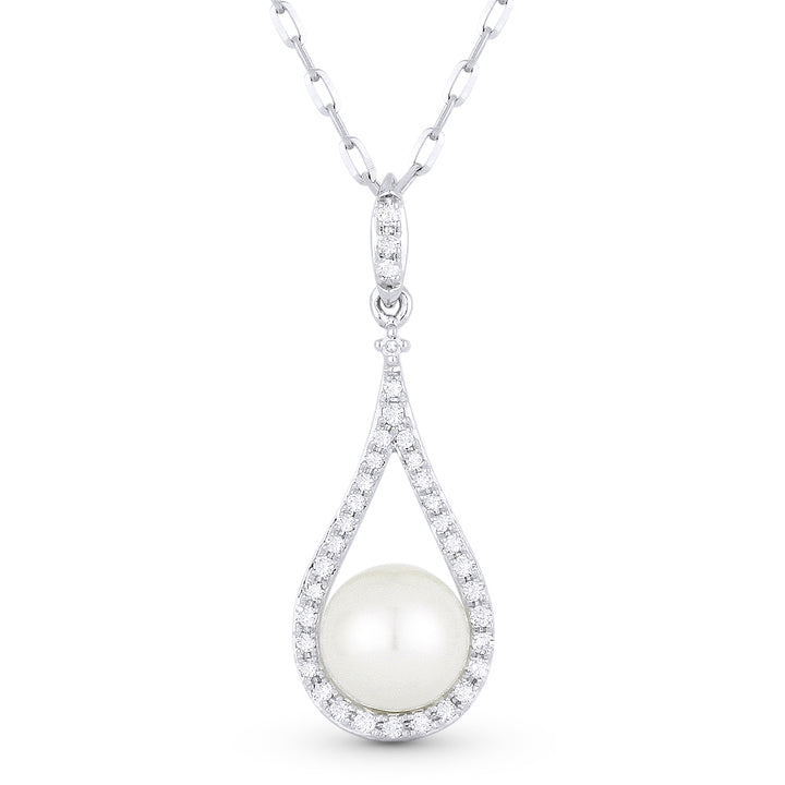 Beautiful Hand Crafted 14K White Gold 6MM Pearl And Diamond Essentials Collection Pendant
