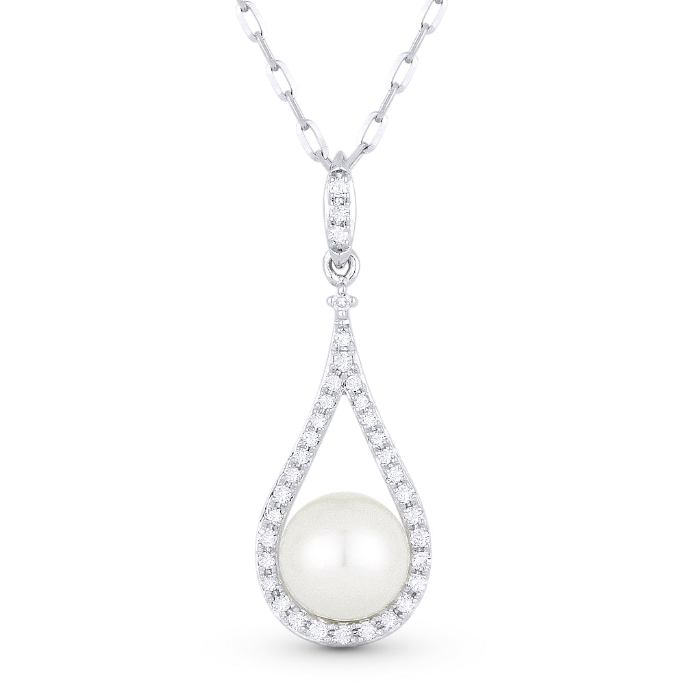 Beautiful Hand Crafted 14K White Gold 6MM Pearl And Diamond Essentials Collection Pendant