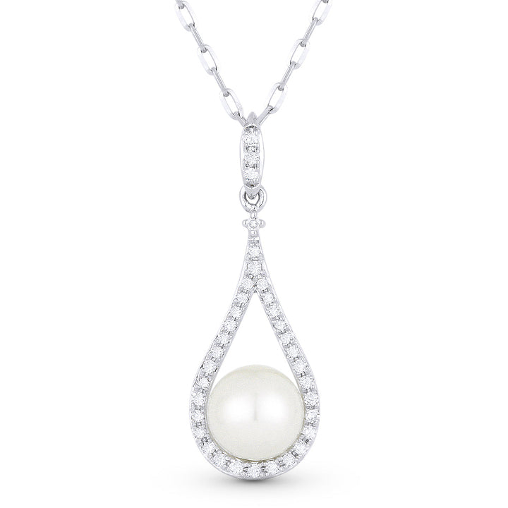 Beautiful Hand Crafted 14K White Gold 6MM Pearl And Diamond Essentials Collection Pendant