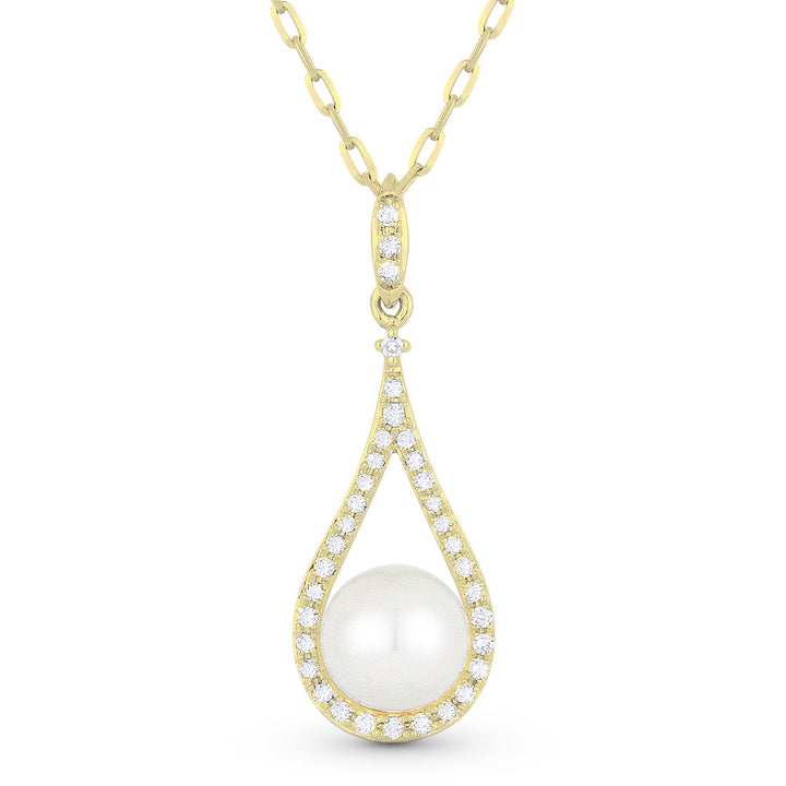 Beautiful Hand Crafted 14K Yellow Gold 6MM Pearl And Diamond Essentials Collection Pendant