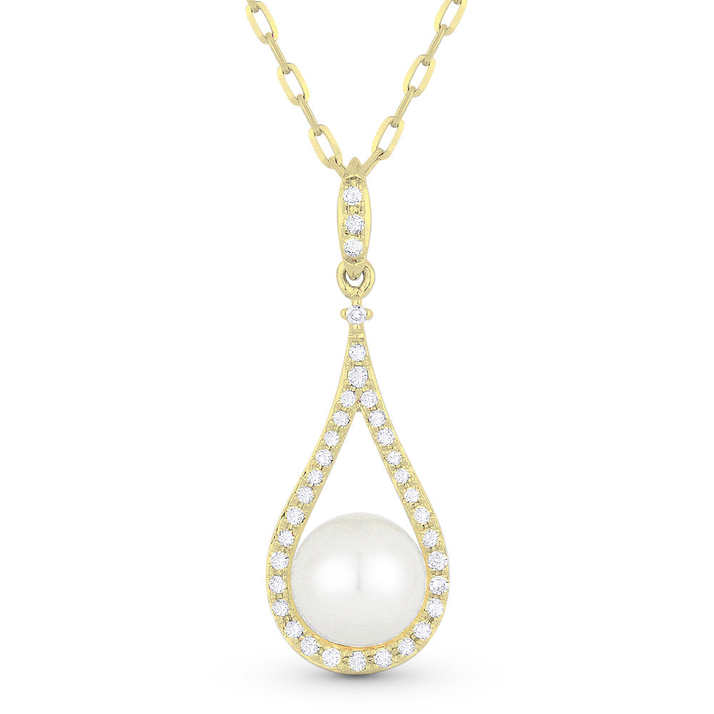 Beautiful Hand Crafted 14K Yellow Gold 6MM Pearl And Diamond Essentials Collection Pendant
