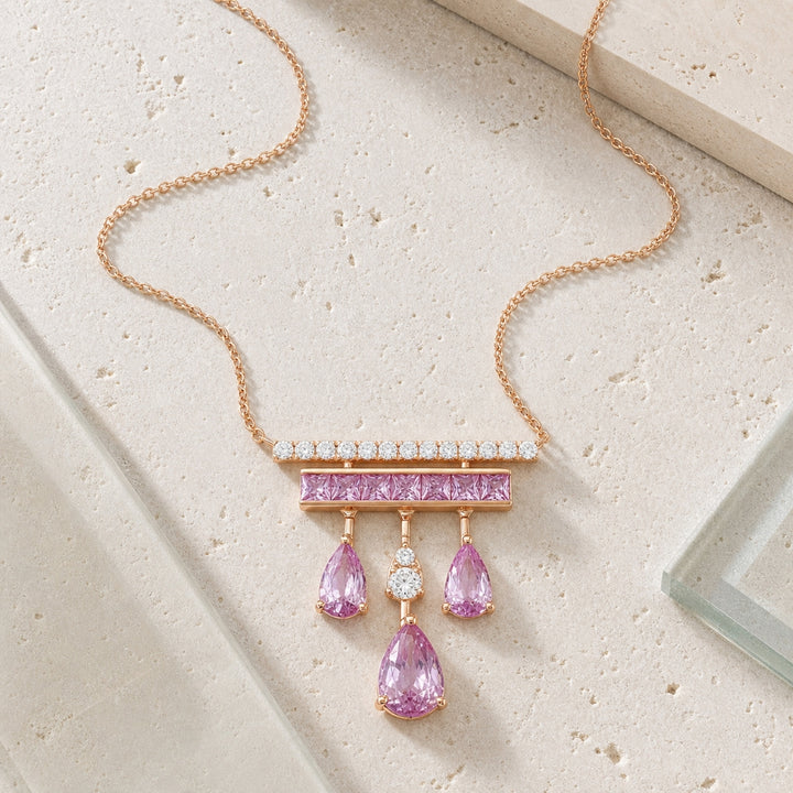 N1589 - 14K Gold Pink Sapphire & Sapphire Bar Necklace