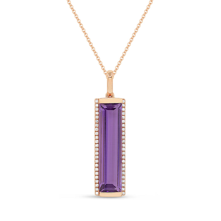 Beautiful Hand Crafted 14K Rose Gold 5X20MM Amethyst And Diamond Essentials Collection Pendant