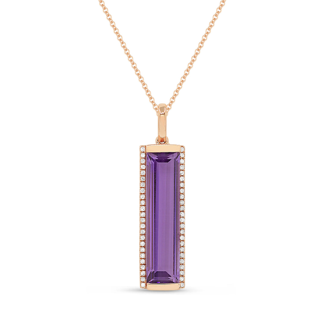 Beautiful Hand Crafted 14K Rose Gold 5x20MM Amethyst And Diamond Essentials Collection Pendant