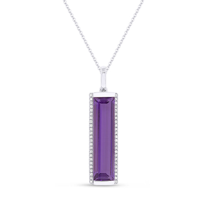 Beautiful Hand Crafted 14K White Gold 5X20MM Amethyst And Diamond Essentials Collection Pendant