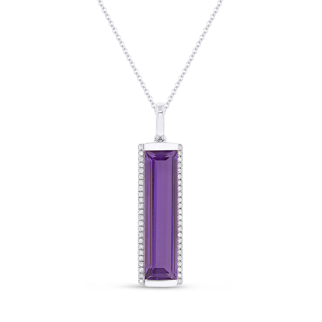 Beautiful Hand Crafted 14K White Gold 5X20MM Amethyst And Diamond Essentials Collection Pendant