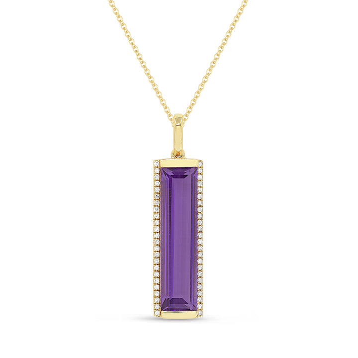 Beautiful Hand Crafted 14K Yellow Gold 5X20MM Amethyst And Diamond Essentials Collection Pendant