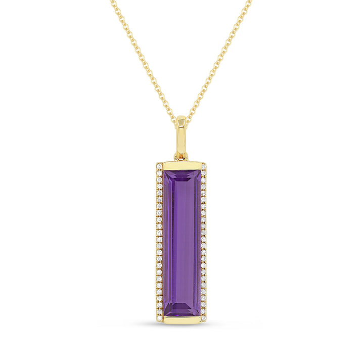 Beautiful Hand Crafted 14K Yellow Gold 5x20MM Amethyst And Diamond Essentials Collection Pendant
