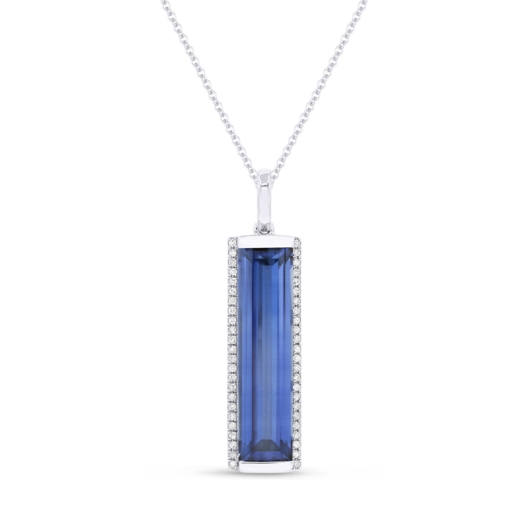 Beautiful Hand Crafted 14K White Gold 5x20MM Created Sapphire And Diamond Essentials Collection Pendant