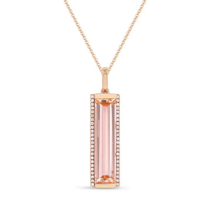 Beautiful Hand Crafted 14K Rose Gold 5x20MM Created Morganite And Diamond Essentials Collection Pendant