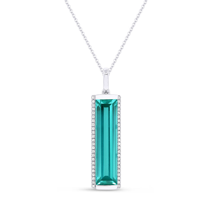 Beautiful Hand Crafted 14K White Gold 5X20MM Created Tourmaline Paraiba And Diamond Essentials Collection Pendant