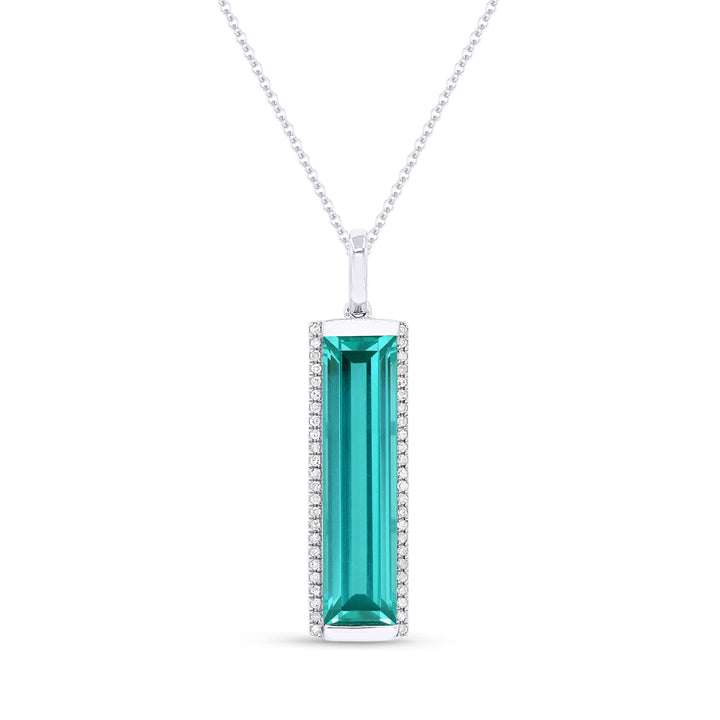 Beautiful Hand Crafted 14K White Gold 5x20MM Created Tourmaline Paraiba And Diamond Essentials Collection Pendant