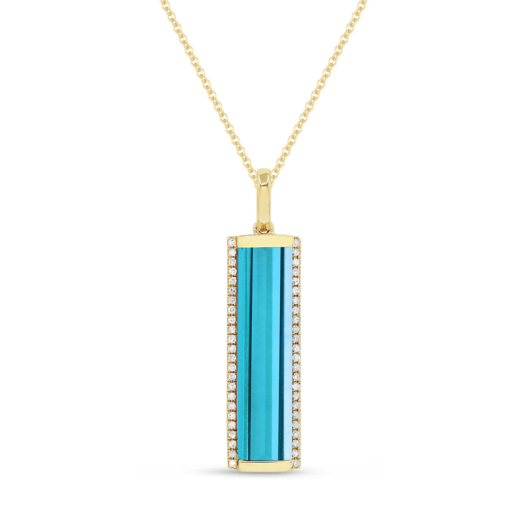 Beautiful Hand Crafted 14K Yellow Gold 5x20MM Created Tourmaline Paraiba And Diamond Essentials Collection Pendant