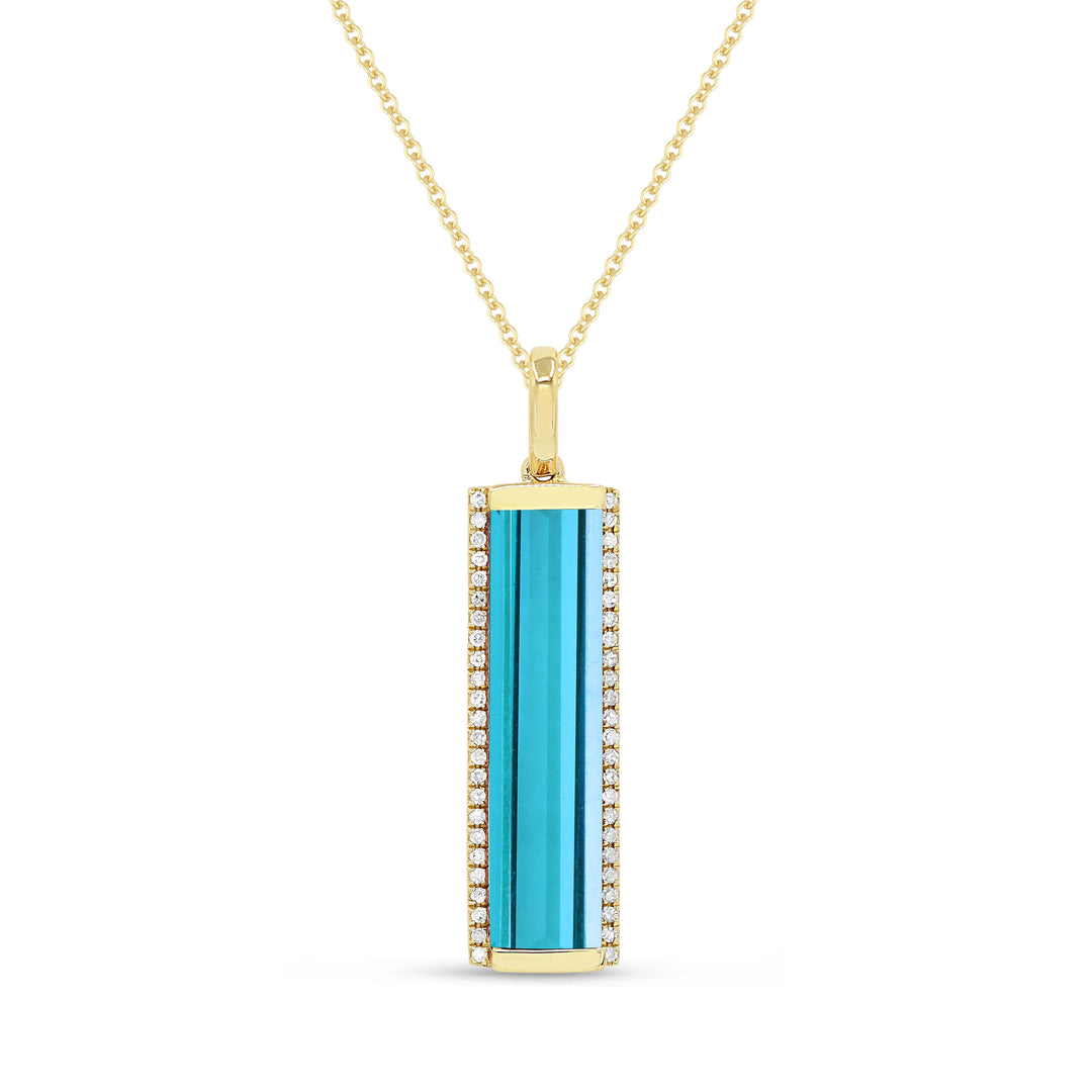 Beautiful Hand Crafted 14K Yellow Gold 5X20MM Created Tourmaline Paraiba And Diamond Essentials Collection Pendant