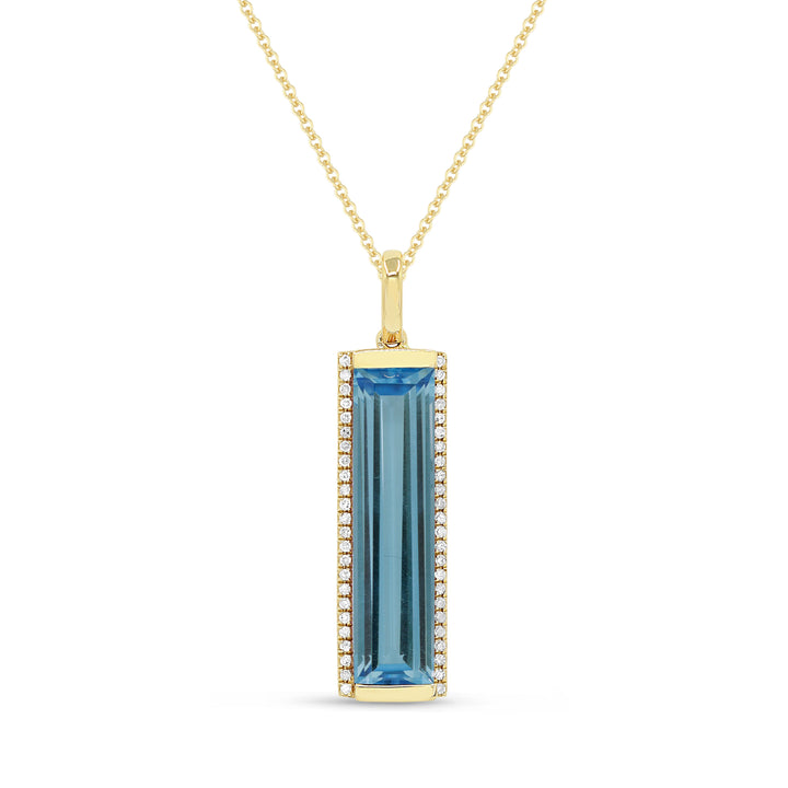 Beautiful Hand Crafted 14K Yellow Gold 5x20MM London Blue Topaz And Diamond Essentials Collection Pendant