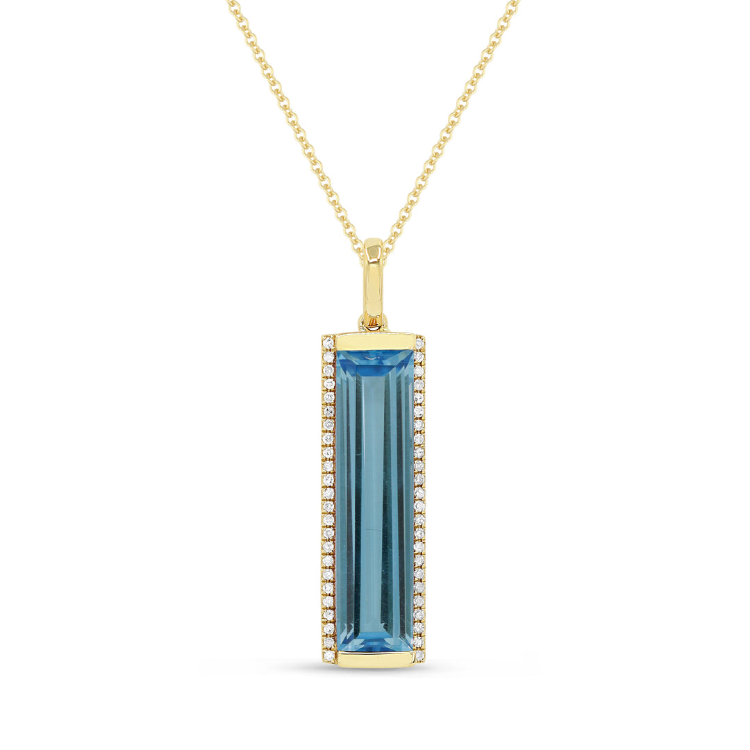 Beautiful Hand Crafted 14K Yellow Gold 5X20MM London Blue Topaz And Diamond Essentials Collection Pendant