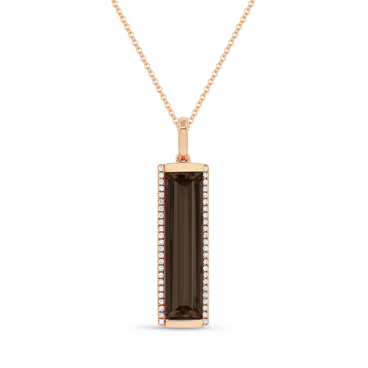 Beautiful Hand Crafted 14K Rose Gold 5x20MM Smokey Topaz And Diamond Essentials Collection Pendant