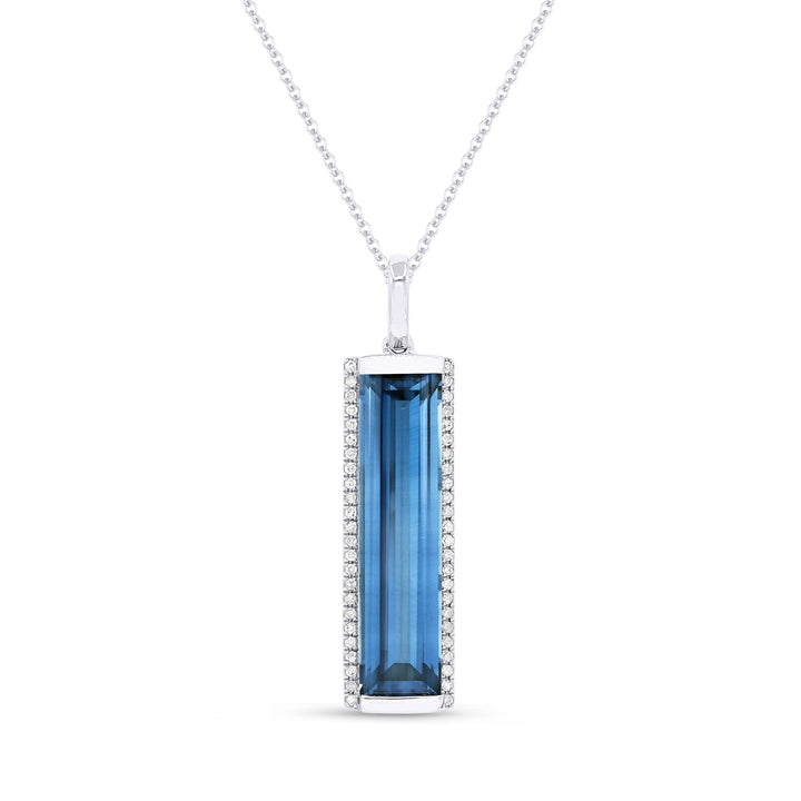 Beautiful Hand Crafted 14K White Gold 5x20MM Swiss Blue Topaz And Diamond Essentials Collection Pendant