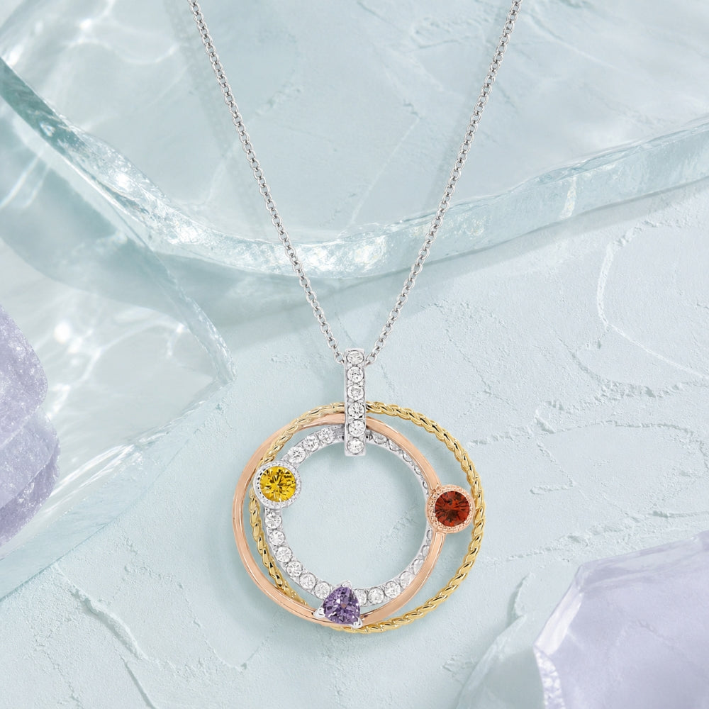 N1613 - 14K Tri Color Gold Multi Colored Sapphire Round Pendant