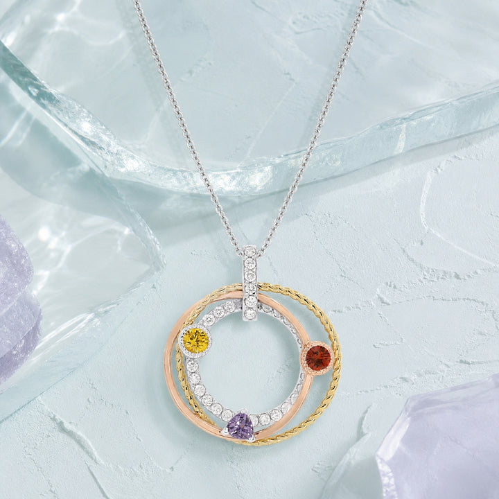 N1613 - 14K Tri Color Gold Multi Colored Sapphire Round Pendant