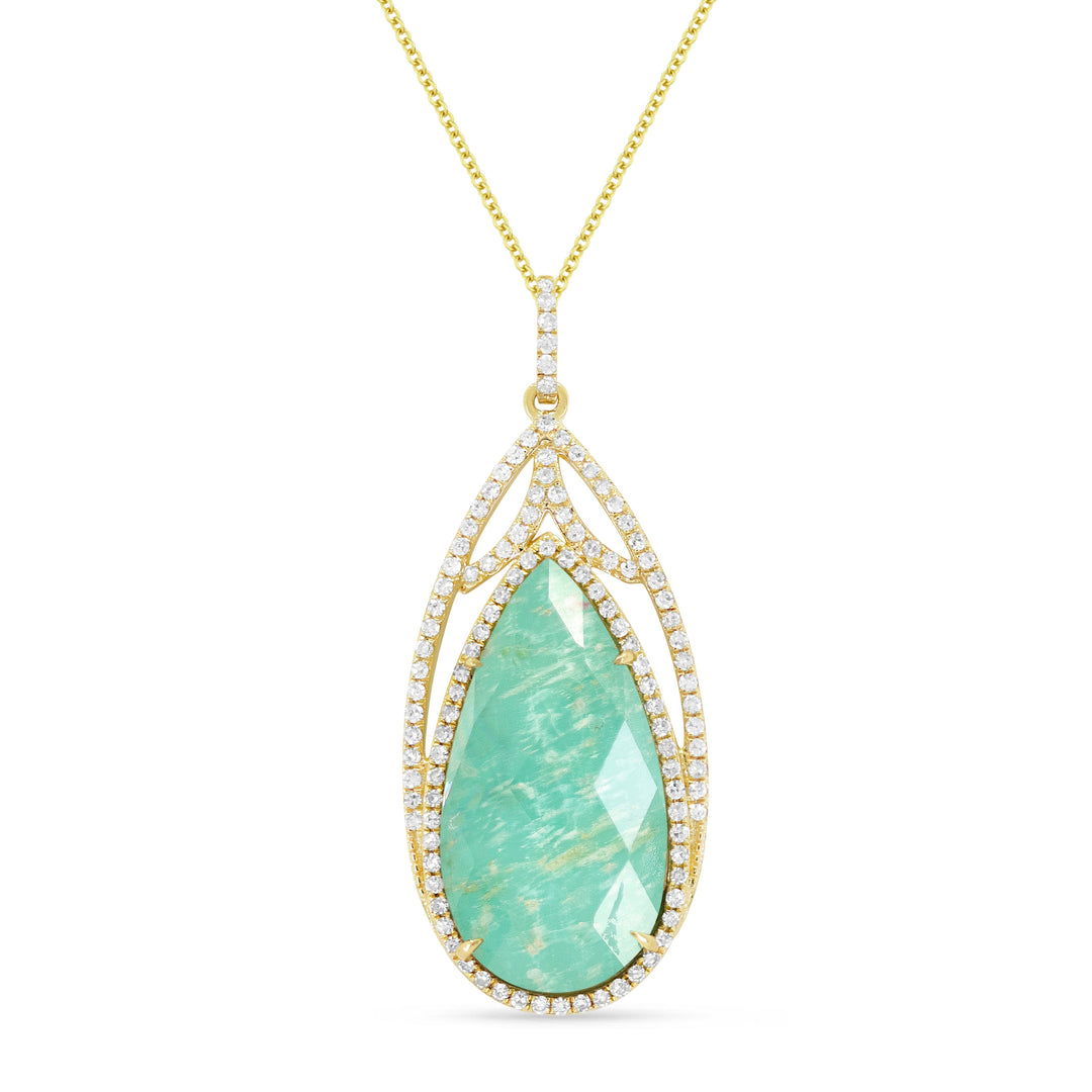 Beautiful Hand Crafted 14K Yellow Gold 10x20MM Amazonite And Diamond Essentials Collection Pendant