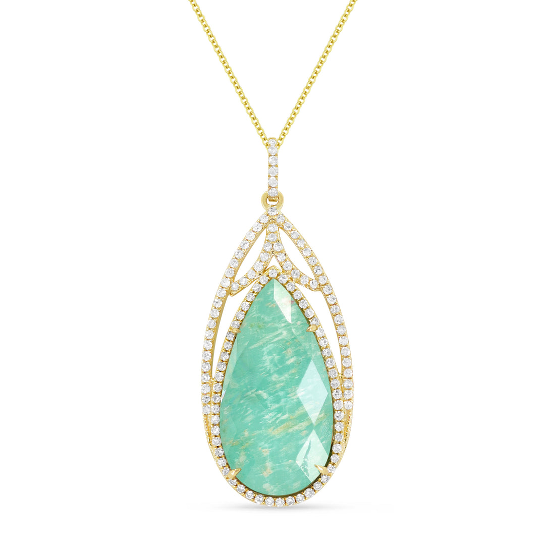 Beautiful Hand Crafted 14K Yellow Gold 10X20MM Amazonite And Diamond Essentials Collection Pendant